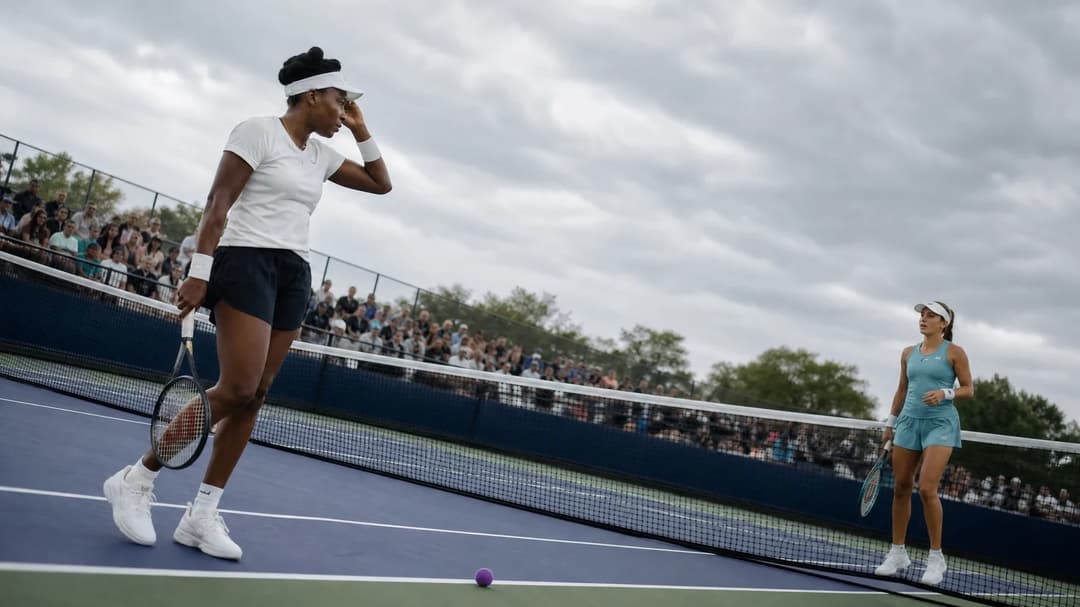 Tennis players Venus Williams and Kamilla Rakhimova in a tense moment before their match.
