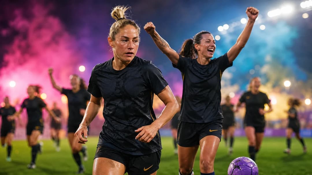 A football celebration scene featuring Cece Delzer and Cloé Lacasse, with a violet soccer ball in the foreground and a vibrant background.