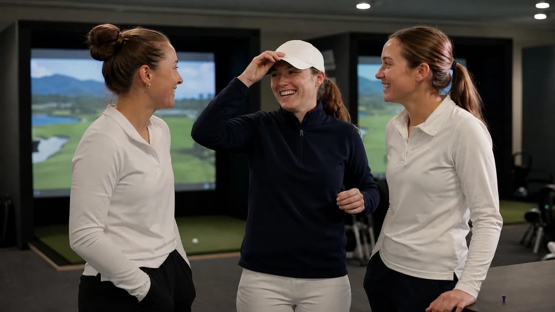 A candid moment of female golfers laughing together in a golf facility.