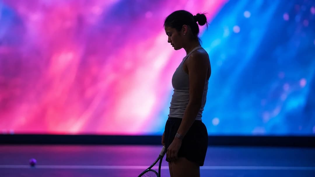 A silhouette of Emma Raducanu against a vibrant neon-lit background, reflecting on her recovery journey.