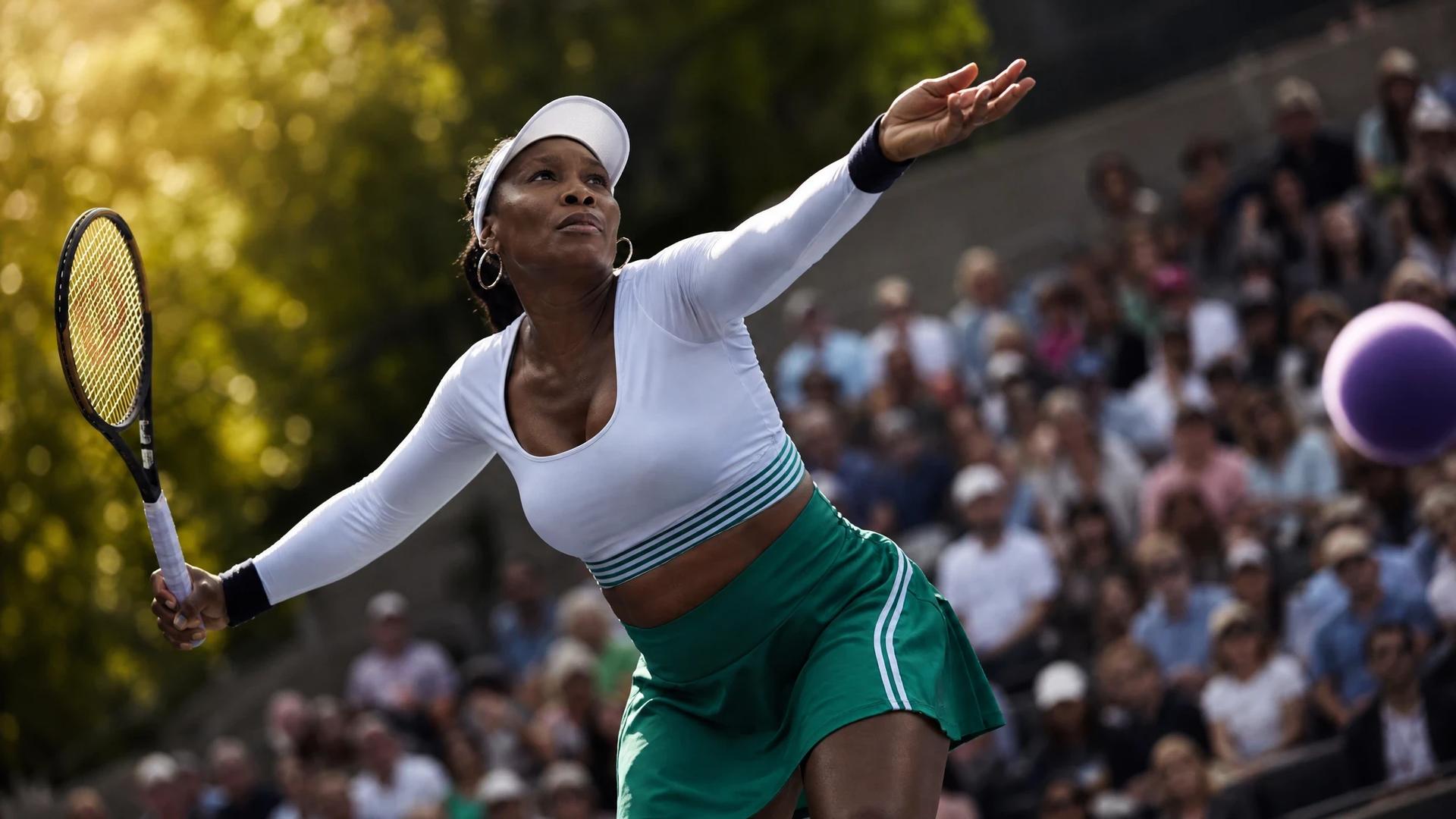 Venus Williams serving on the tennis court with a blurred crowd behind her.