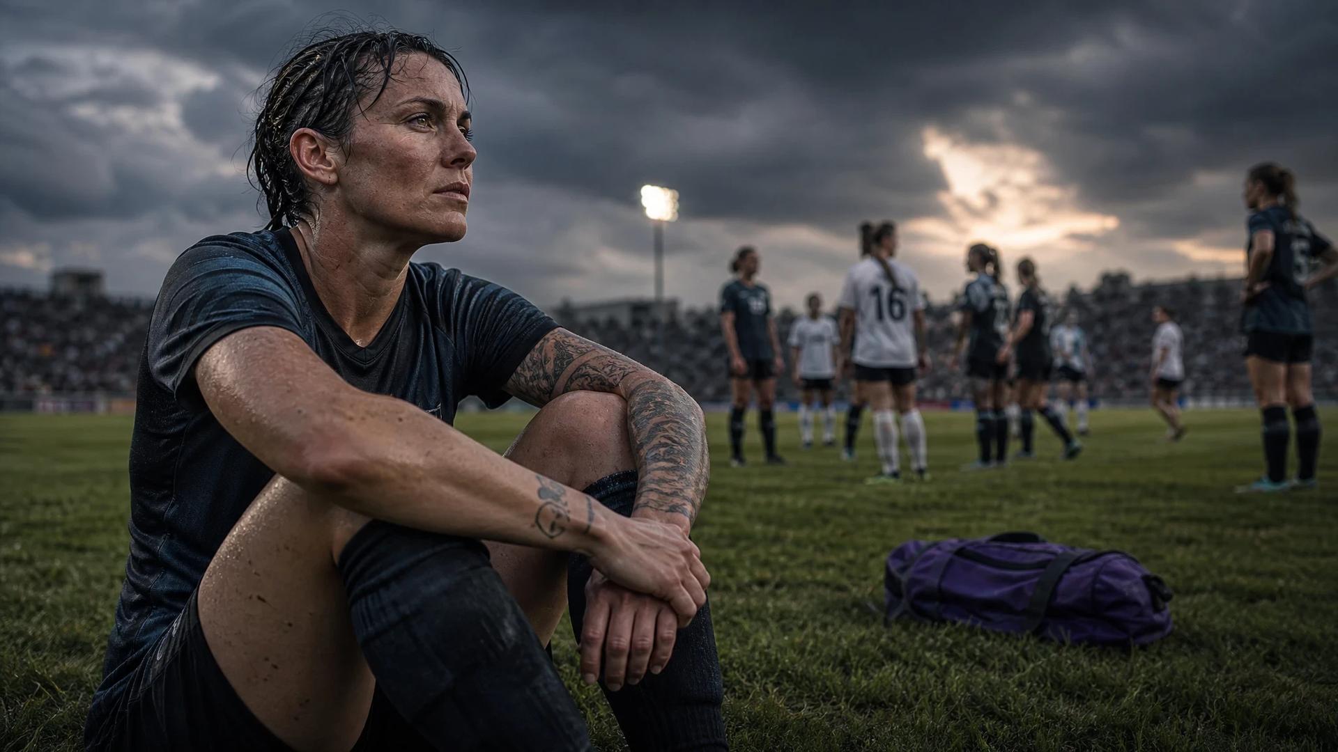 A football player, Jess Fishlock, reflecting post-match under stormy skies with a violet sports bag nearby.