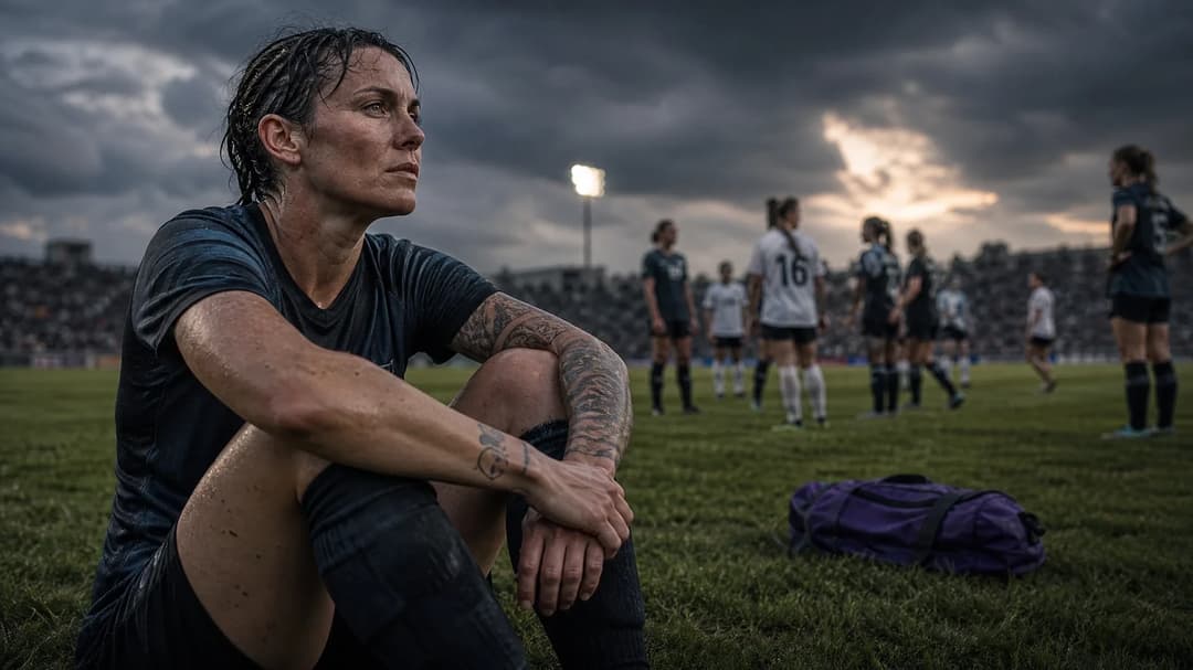 A football player, Jess Fishlock, reflecting post-match under stormy skies with a violet sports bag nearby.