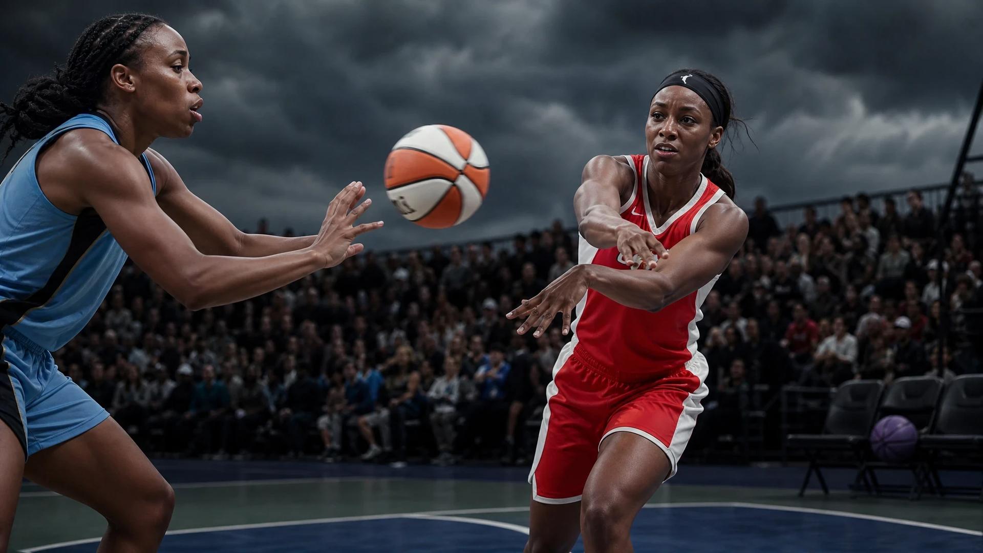 A tense moment captured on a basketball court as Jackie Young passes the ball to Brianna Turner.