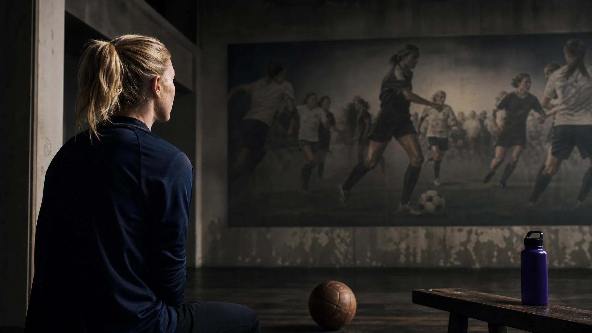 A woman gazes reflectively at a mural-like poster in a training facility.