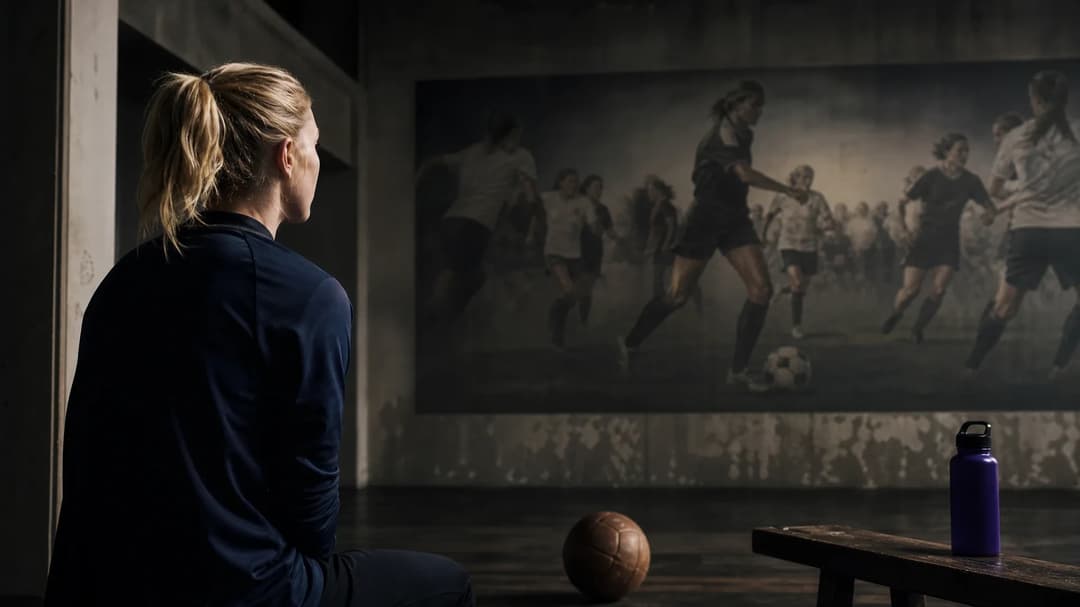 A woman gazes reflectively at a mural-like poster in a training facility.