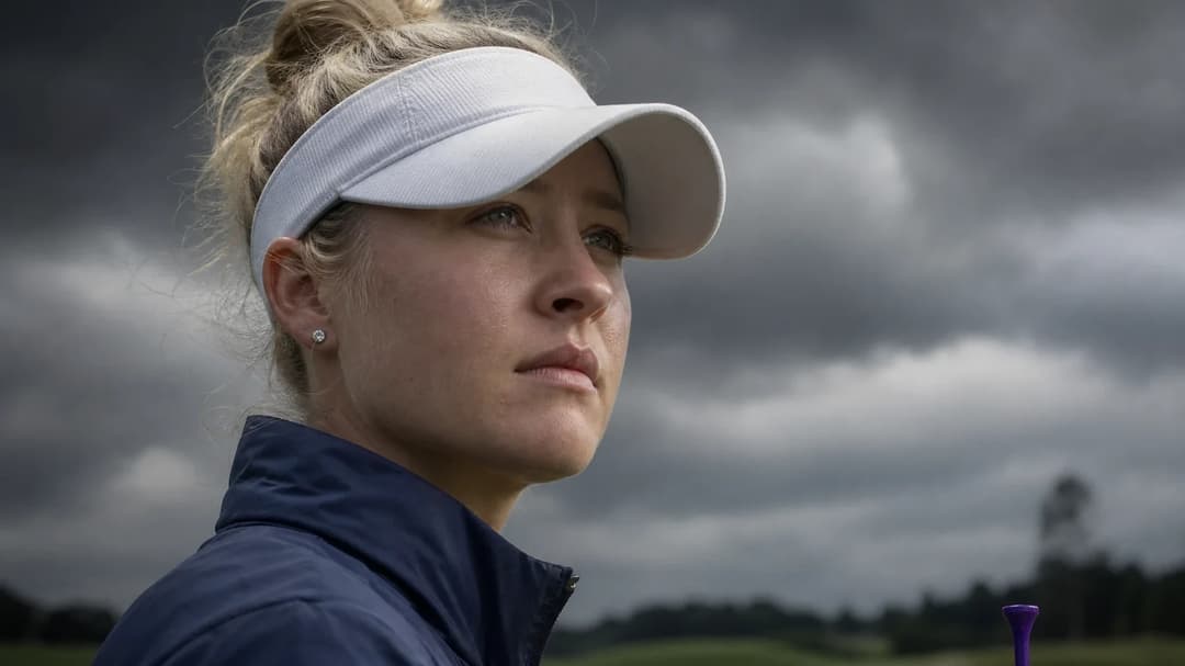 An extreme close-up of Nelly Korda's focused expression before a golf match, with a golf tee in the foreground.