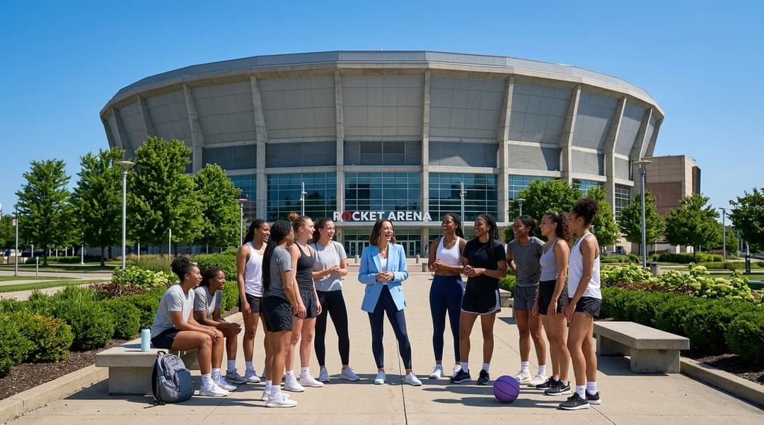 An exterior view of Rocket Arena with a group of young women chatting nearby, and a violet basketball on the ground.