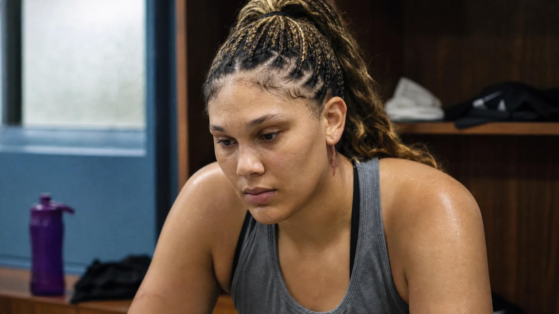 A close-up of Chicago Sky center Kamilla Cardoso appearing contemplative in a locker room setting.