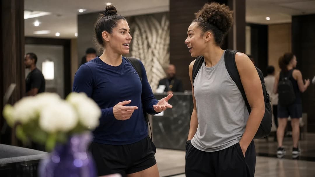 Kelsey Plum interacts with her teammate in a hotel lobby.