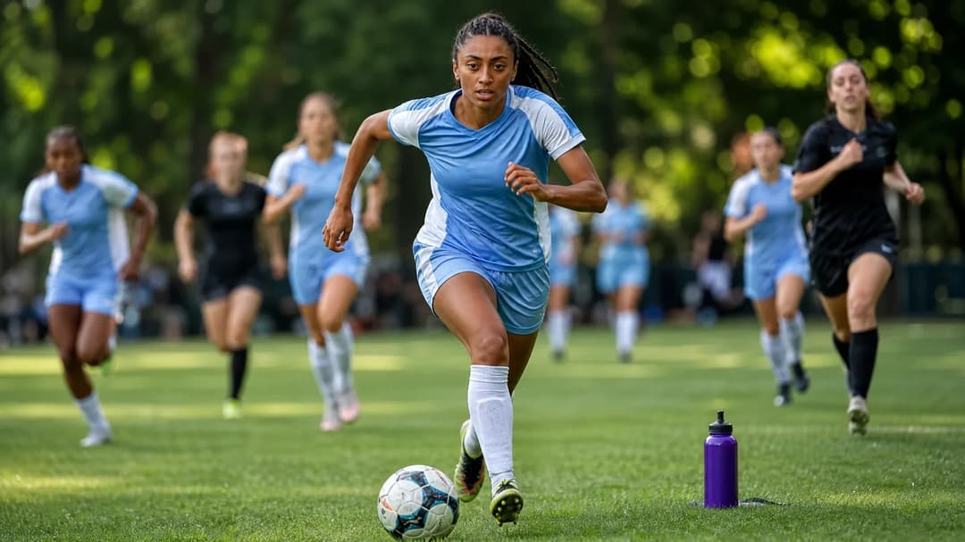 A football player dribbling the ball on the pitch with teammates blurred in the background.