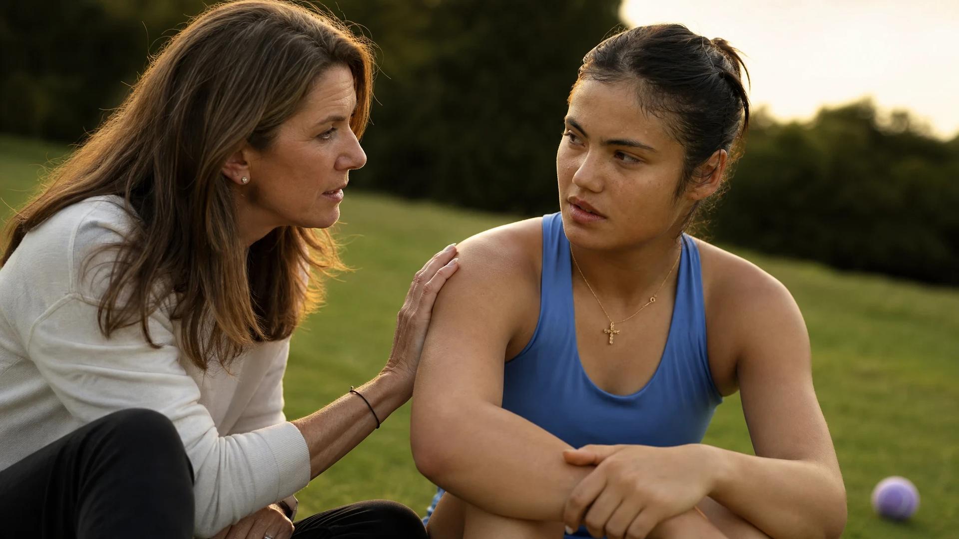 Emma Raducanu and Annabel Croft engaged in a conversation during golden hour.