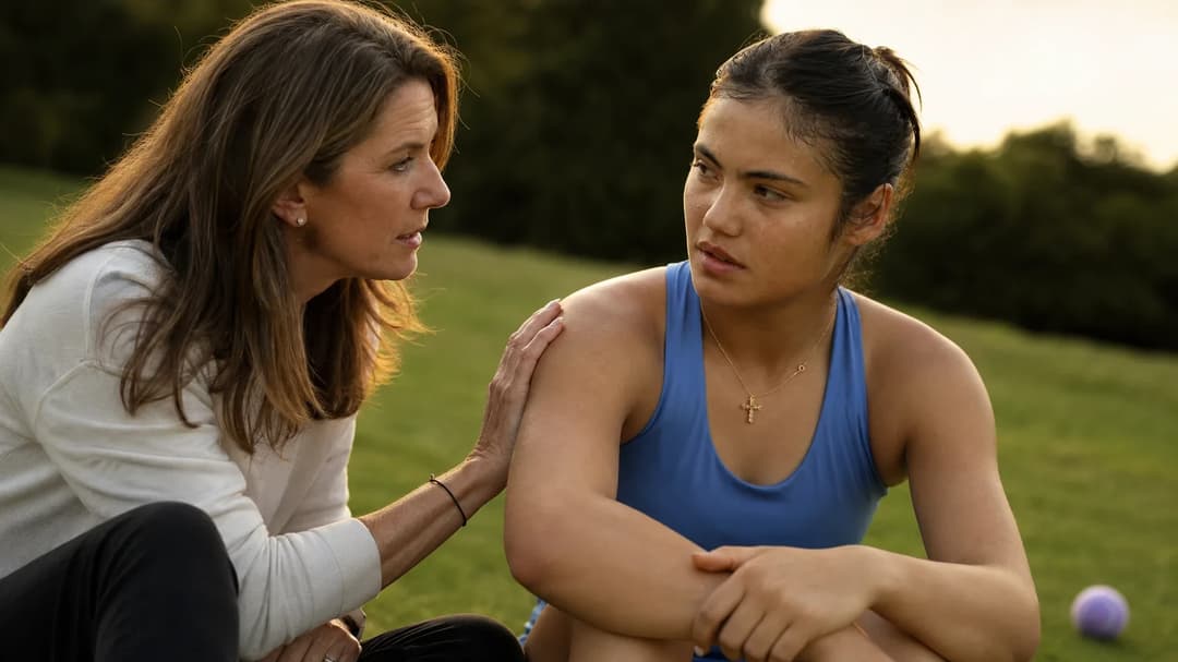 Emma Raducanu and Annabel Croft engaged in a conversation during golden hour.