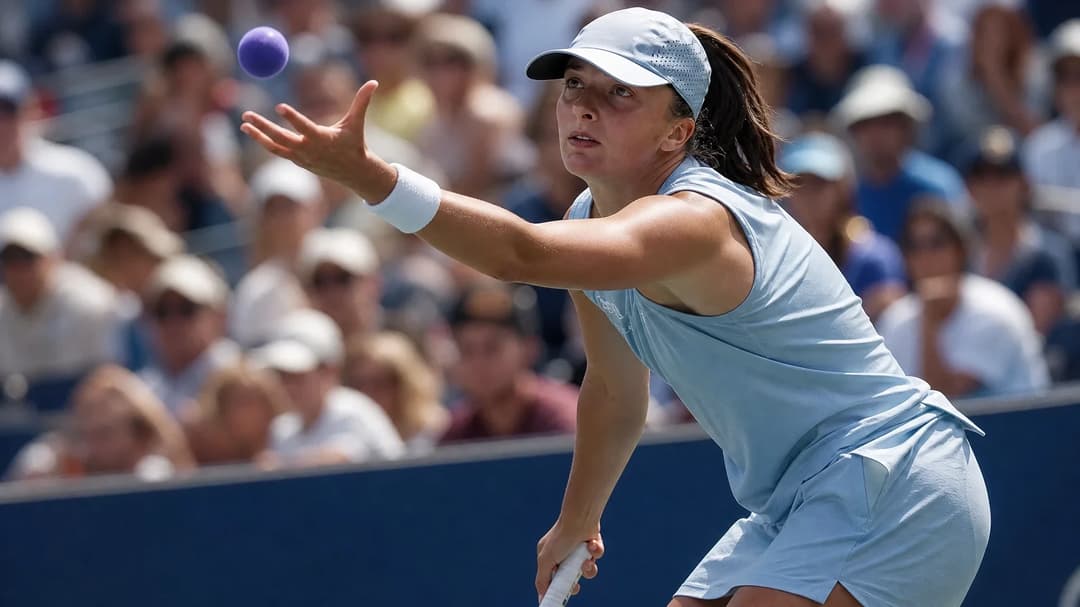 Iga Swiatek serving during a tennis match with a violet tennis ball in the foreground.