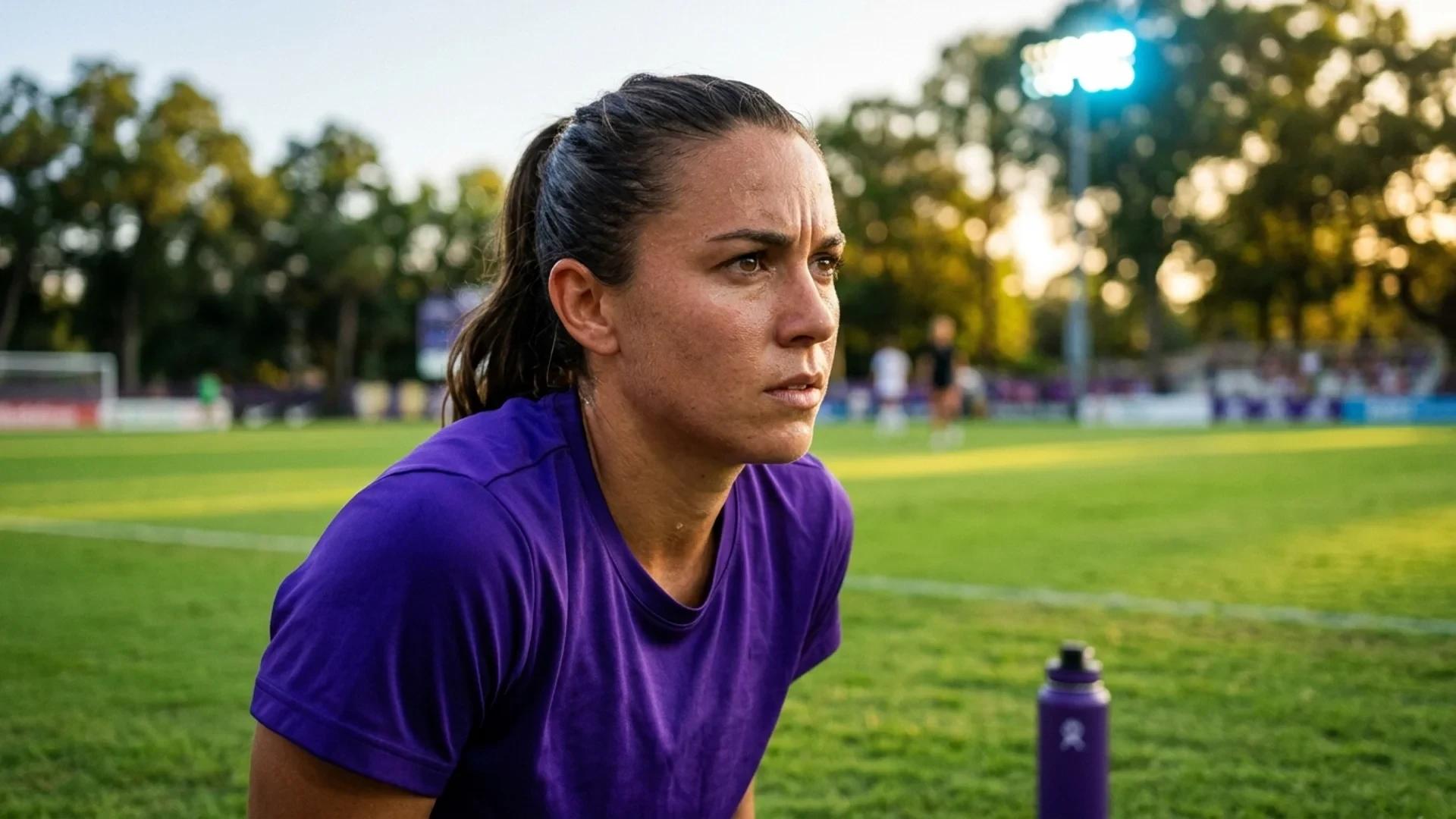 A close-up of an Orlando Pride football player focused before a match.