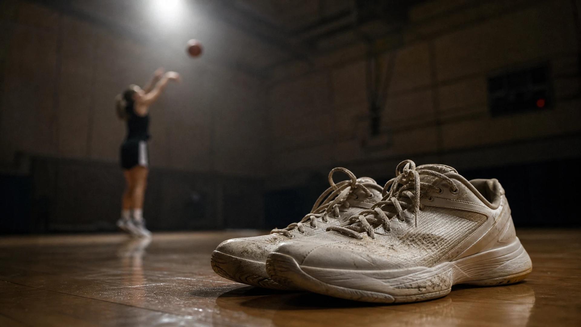 A close-up of worn training shoes inside a training room, symbolizing an athlete's absence due to injury.