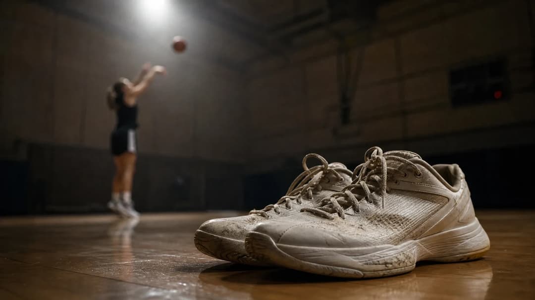 A close-up of worn training shoes inside a training room, symbolizing an athlete's absence due to injury.