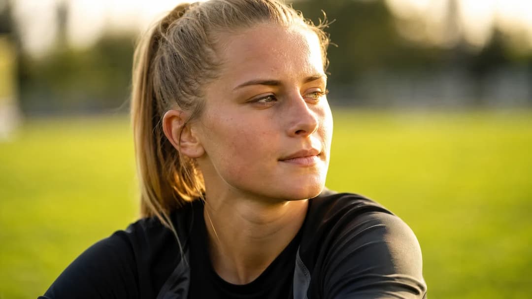 A close-up of Polish forward Kinga Wyrwas looking reflective after a match.