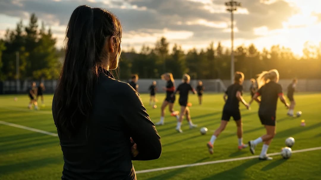 Eva Olid stands confidently on the training pitch of Manchester United, poised to lead her new team.
