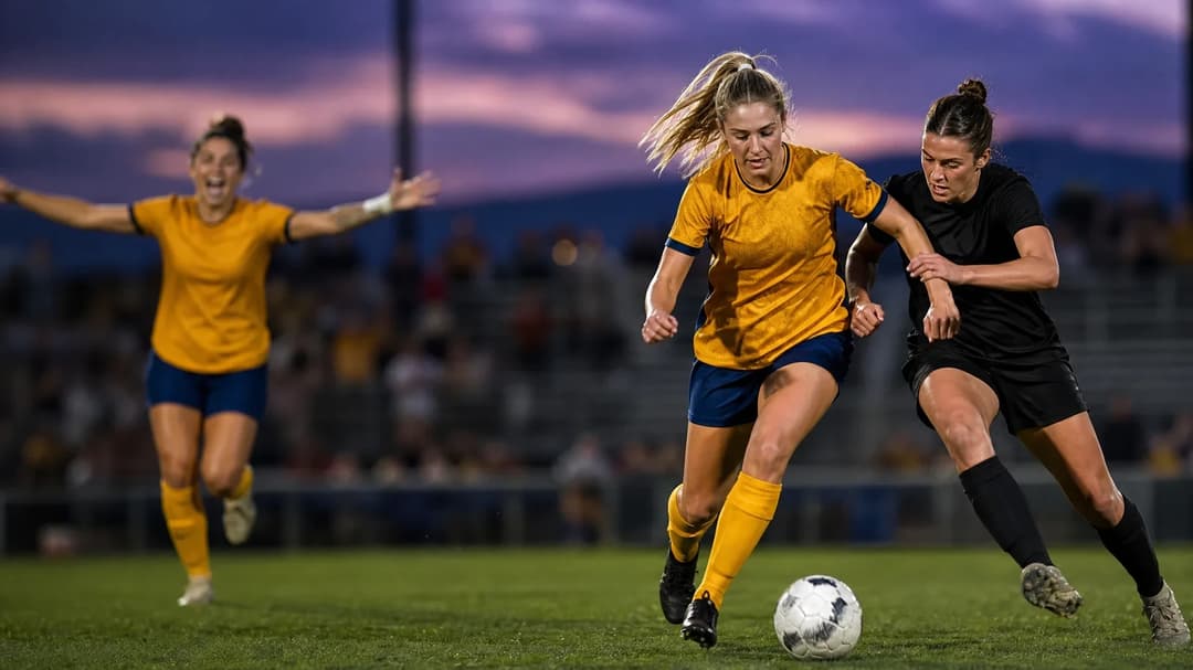 A football scene capturing Cece Delzer dribbling the ball at dusk.