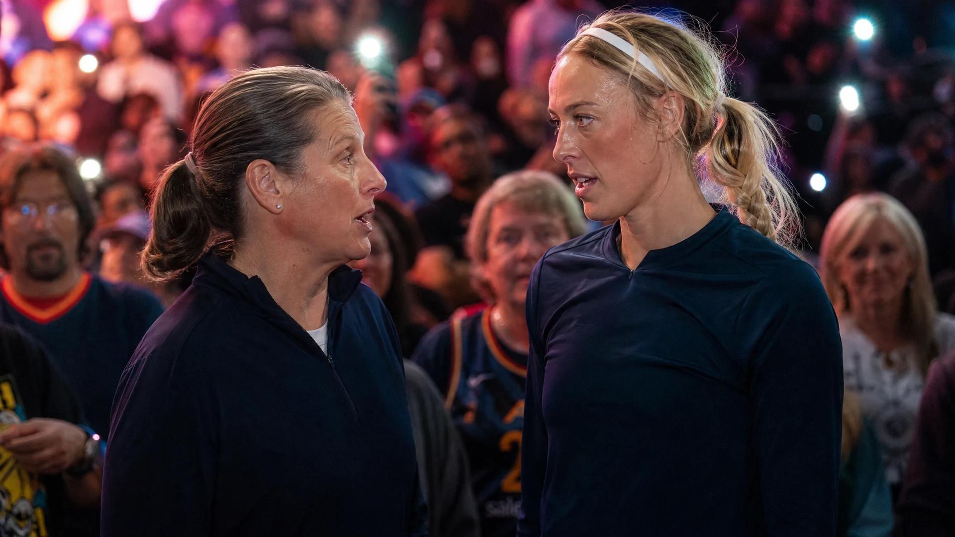 Sophie Cunningham and Cheryl Reeve engage in a serious conversation surrounded by an enthusiastic crowd.