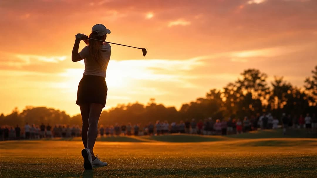A silhouetted female golfer against a vibrant sunset at Corning Country Club.