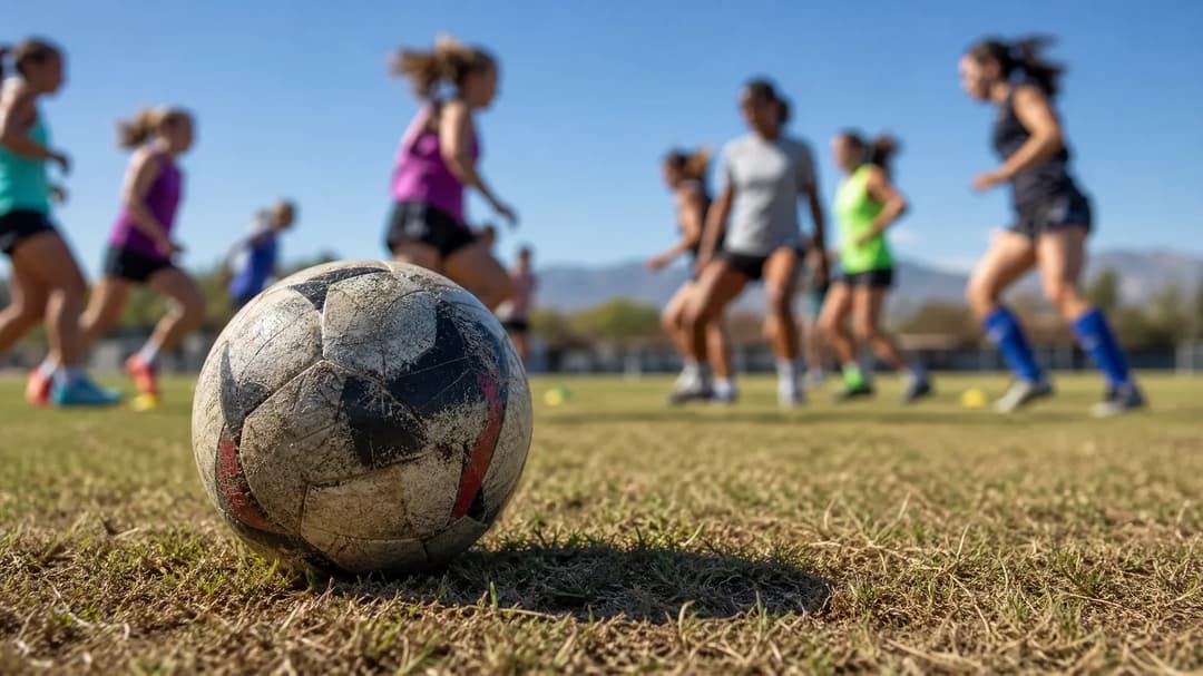 A close-up of a football on dry grass with blurred players practicing in the background.