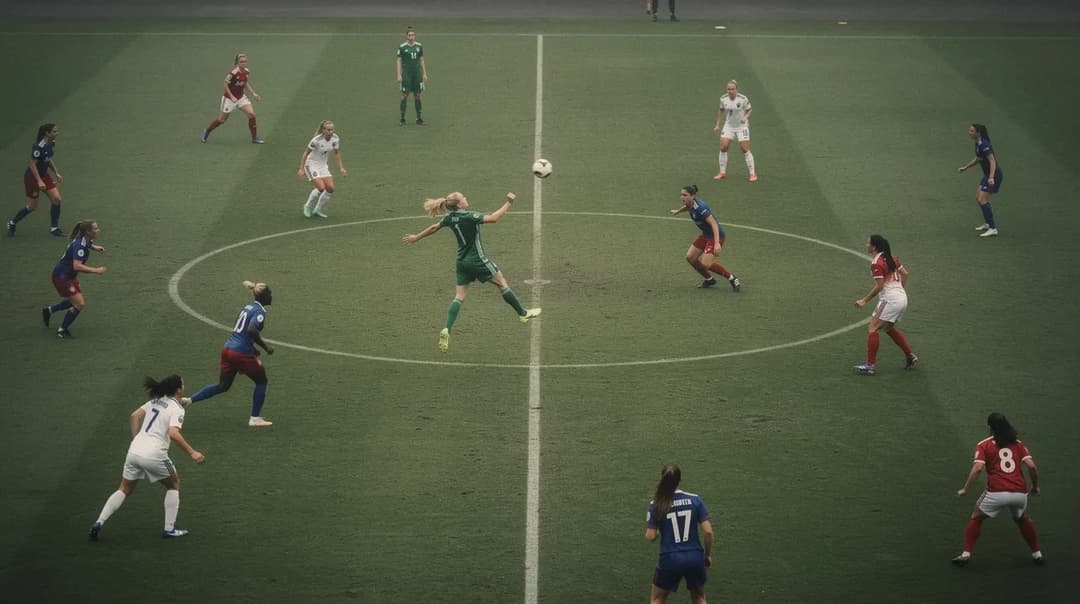 Aerial view of a women's football match capturing a player intercepting the ball.