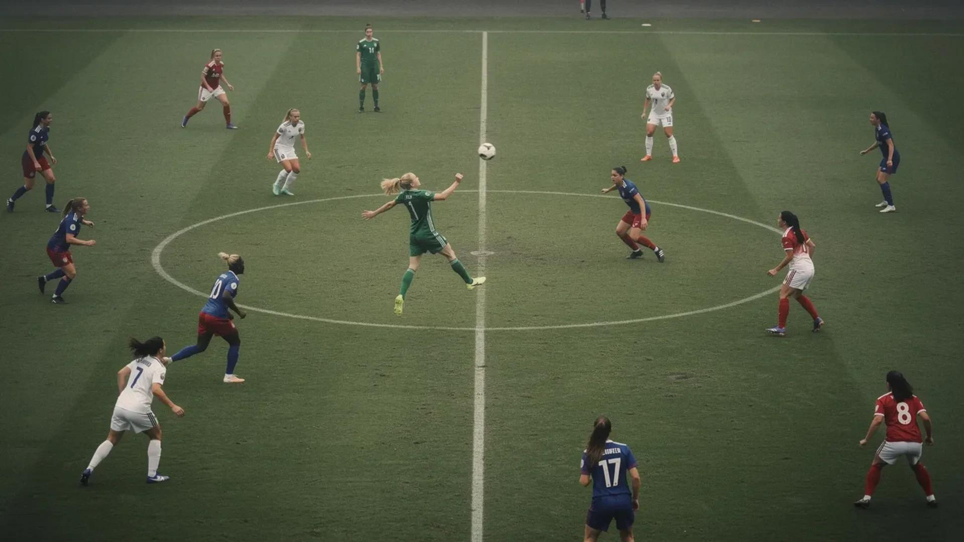 Aerial view of a women's football match capturing a player intercepting the ball.