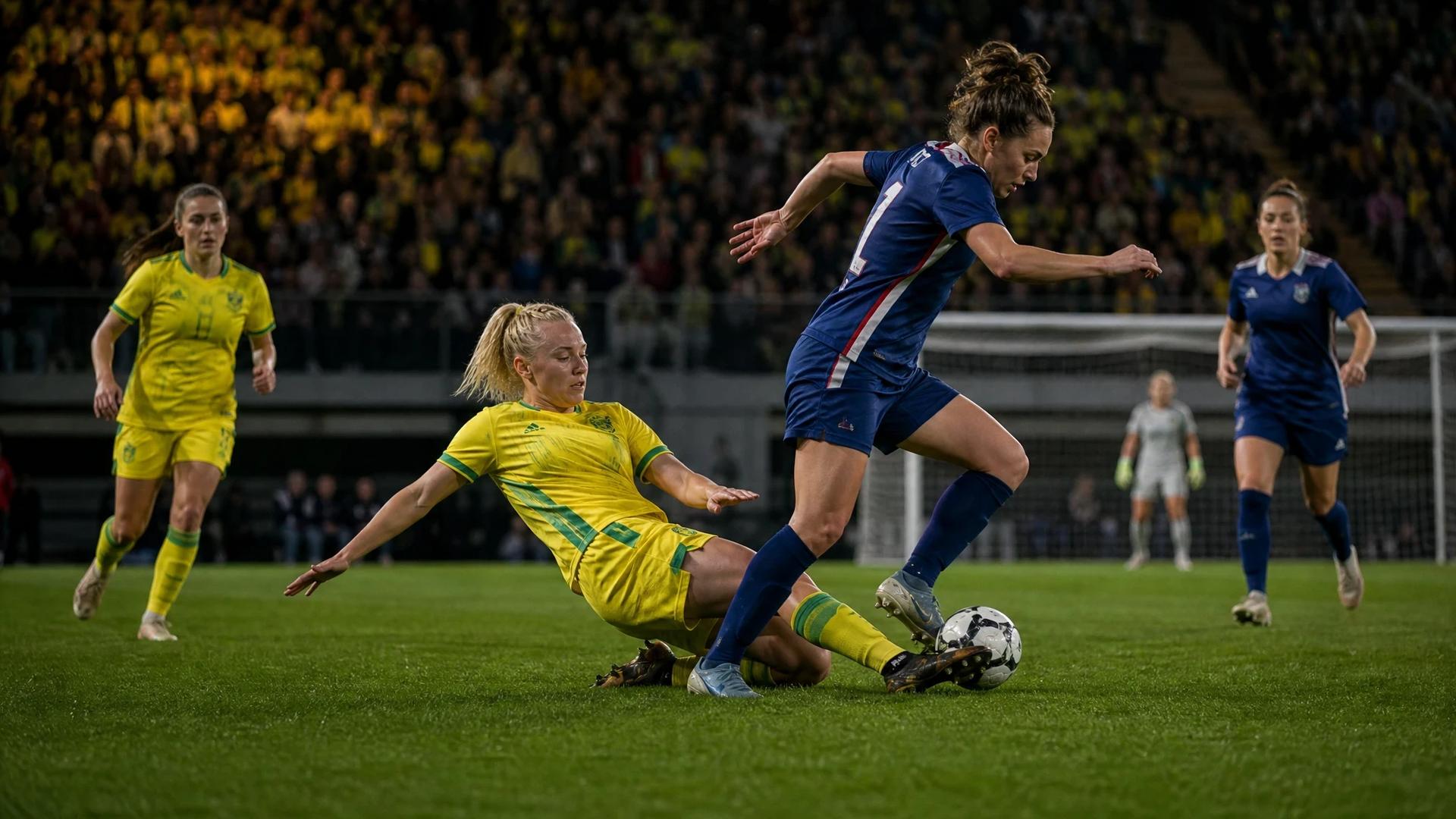 Victoria Krug tackling an opponent during a football match, surrounded by players and fans.
