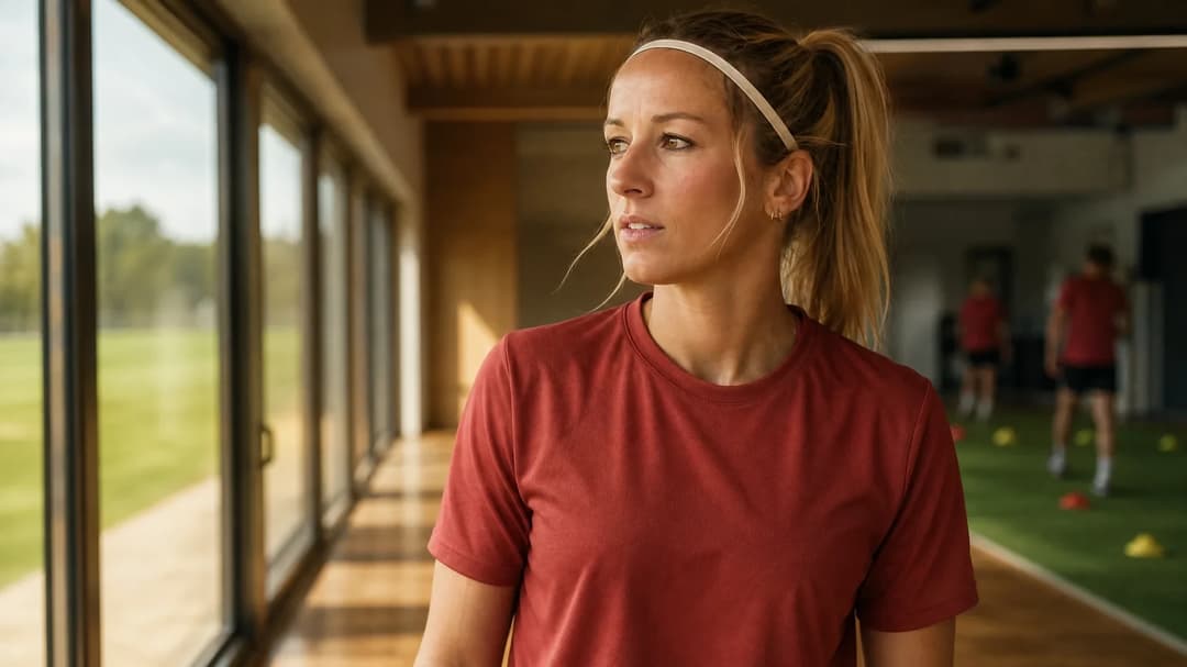 A woman in sports training gear looks out of a window with sunlight illuminating her face, set in a modern training facility.