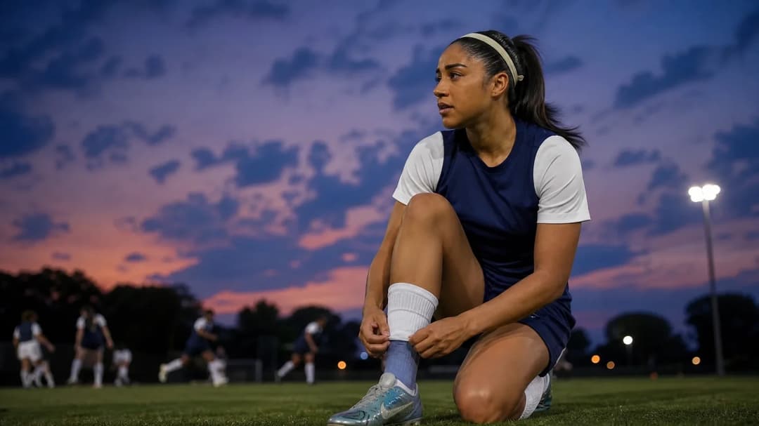 A low-angle shot of Gabby George preparing for training at twilight.