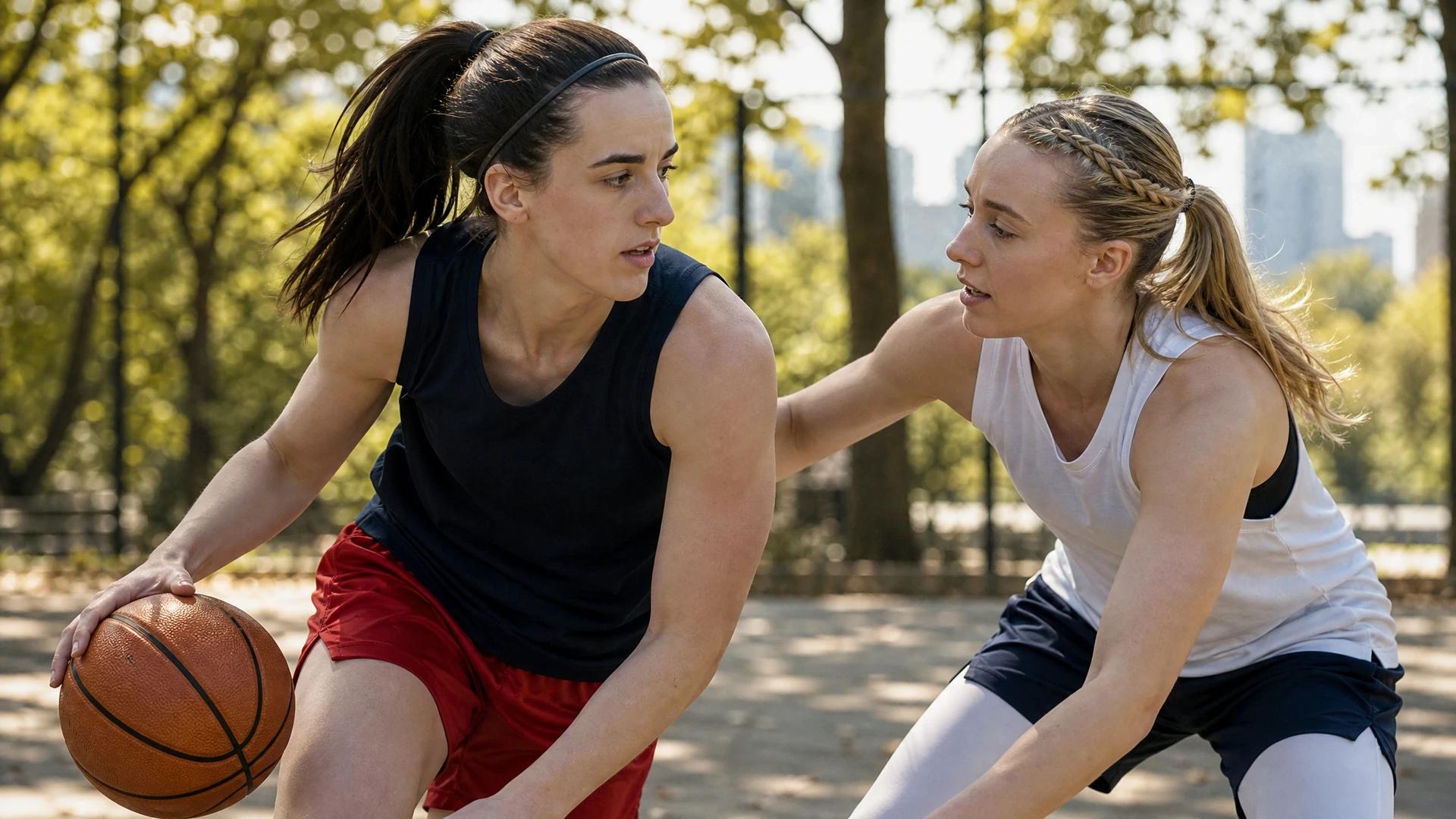 Caitlin Clark and Paige Bueckers practicing basketball on an outdoor court.