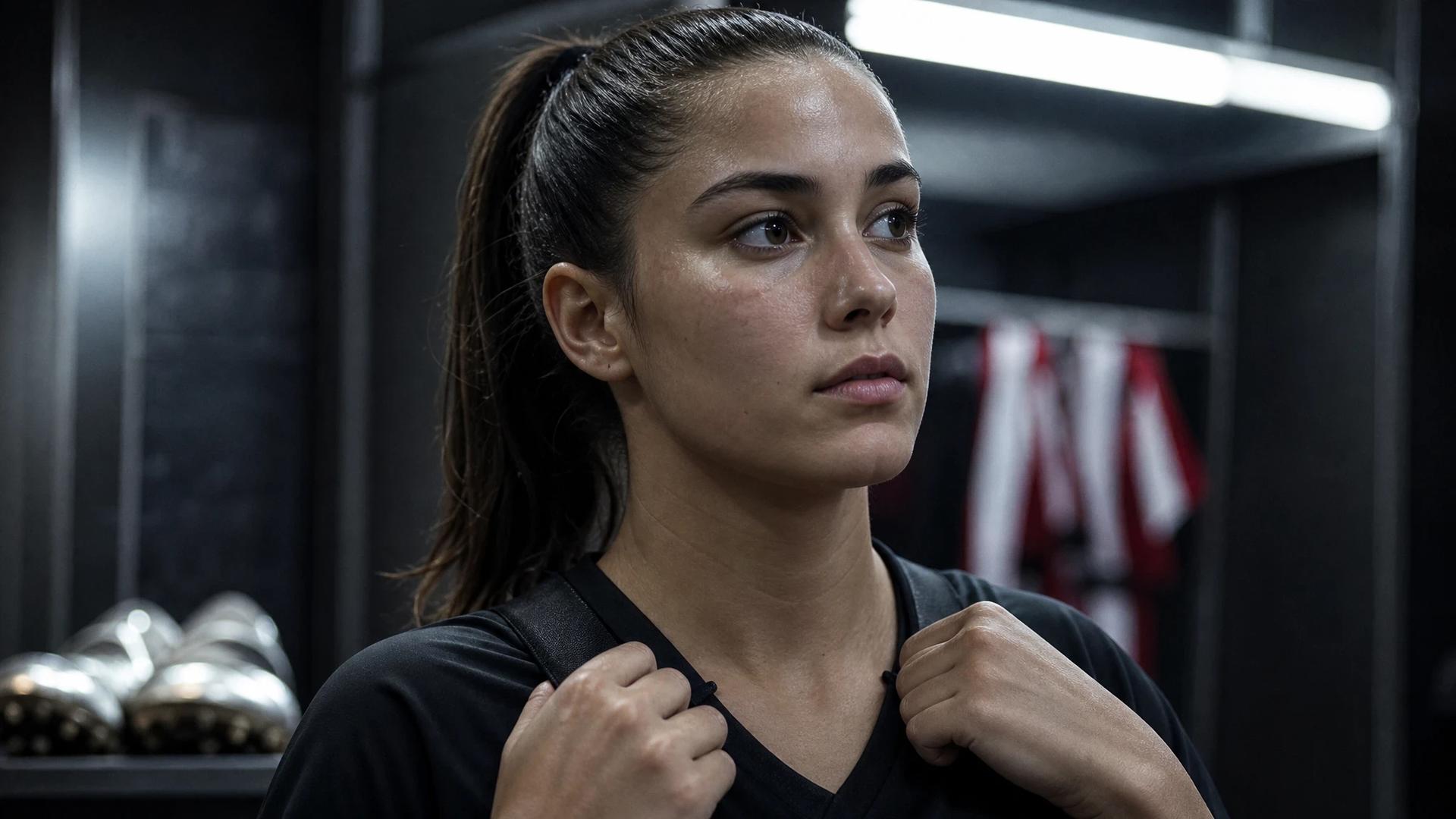 A close-up of Emma Moreno in a locker room, adjusting her sports jersey before a match.