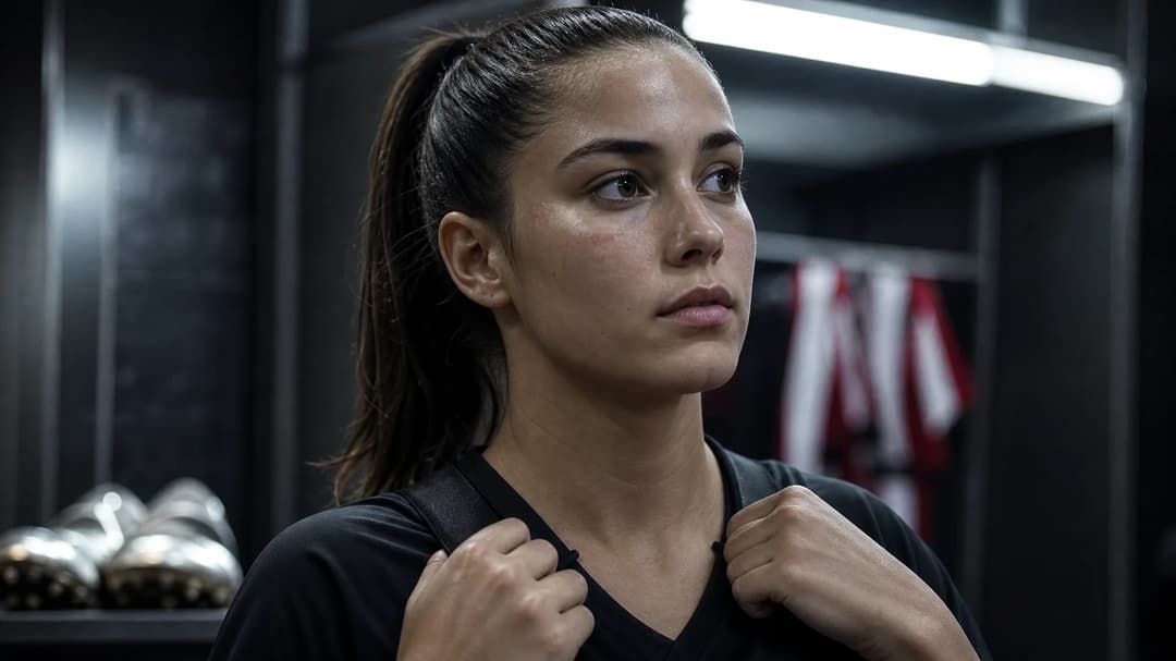 A close-up of Emma Moreno in a locker room, adjusting her sports jersey before a match.
