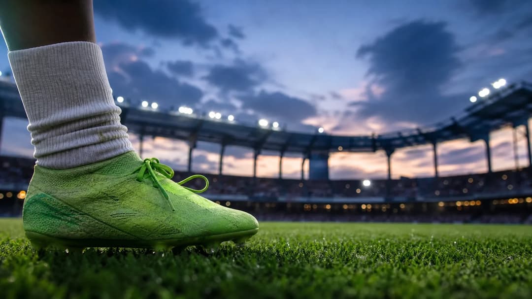 A close-up of a green football cleat on grass with a blurred stadium silhouette in the background during dusk.