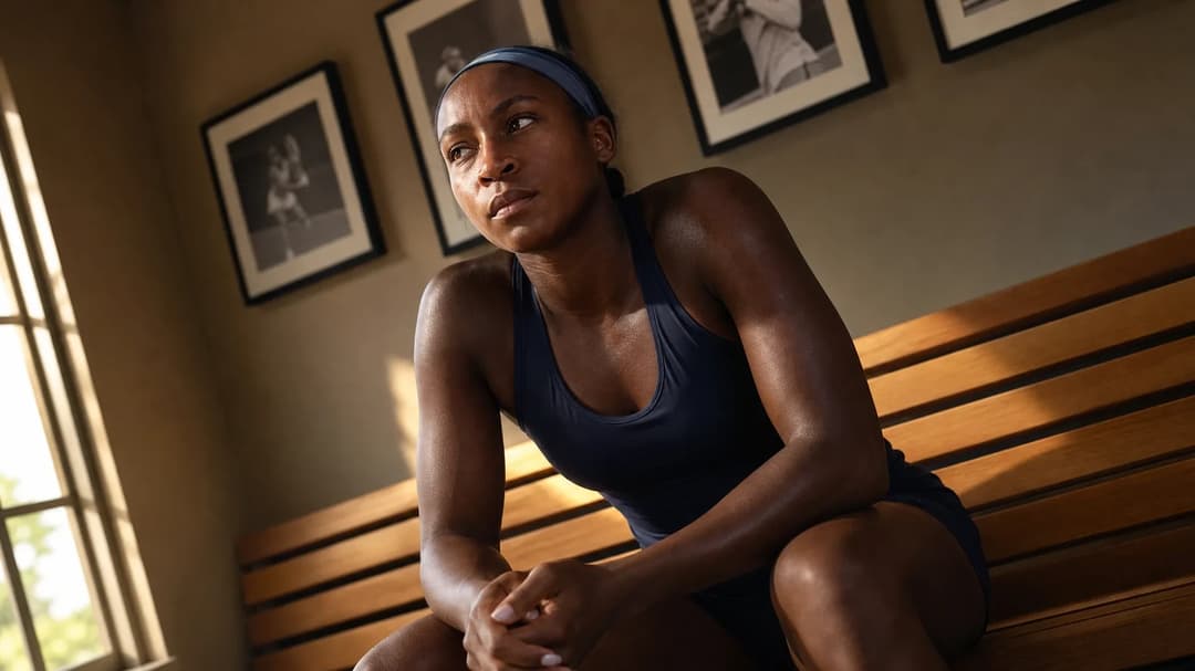 Coco Gauff sitting on a bench in a quiet space at the Canadian Open, looking contemplative.