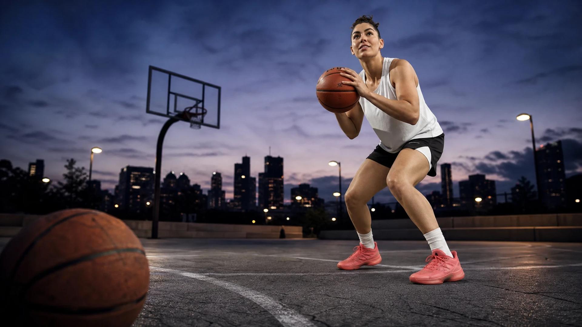 Kelsey Plum poised to shoot a basketball on an urban court at dusk.
