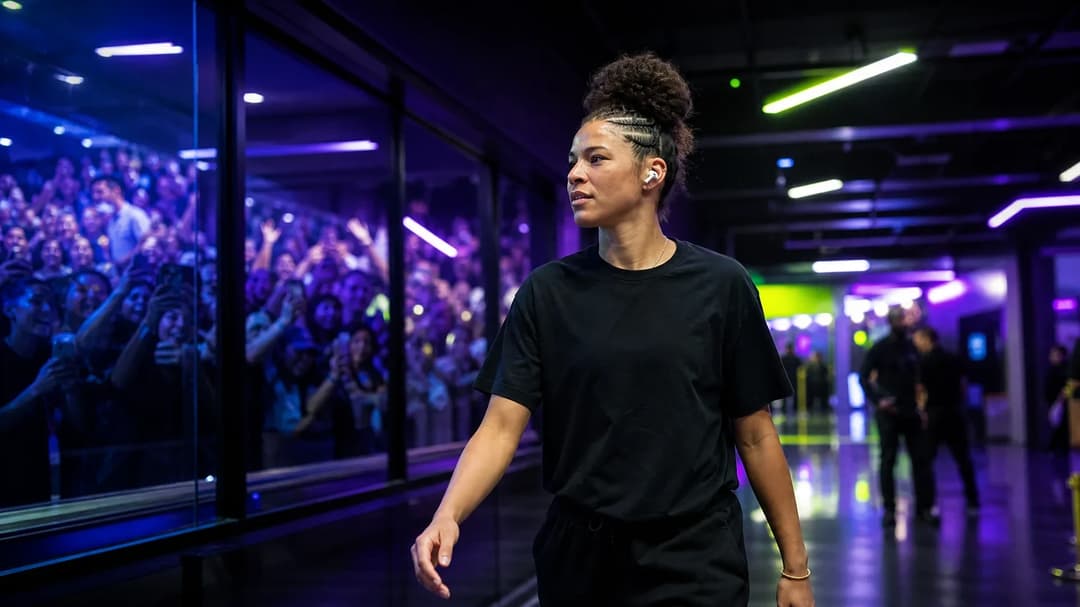 Veronica Burton walking through the vibrant hallways of a sports arena.