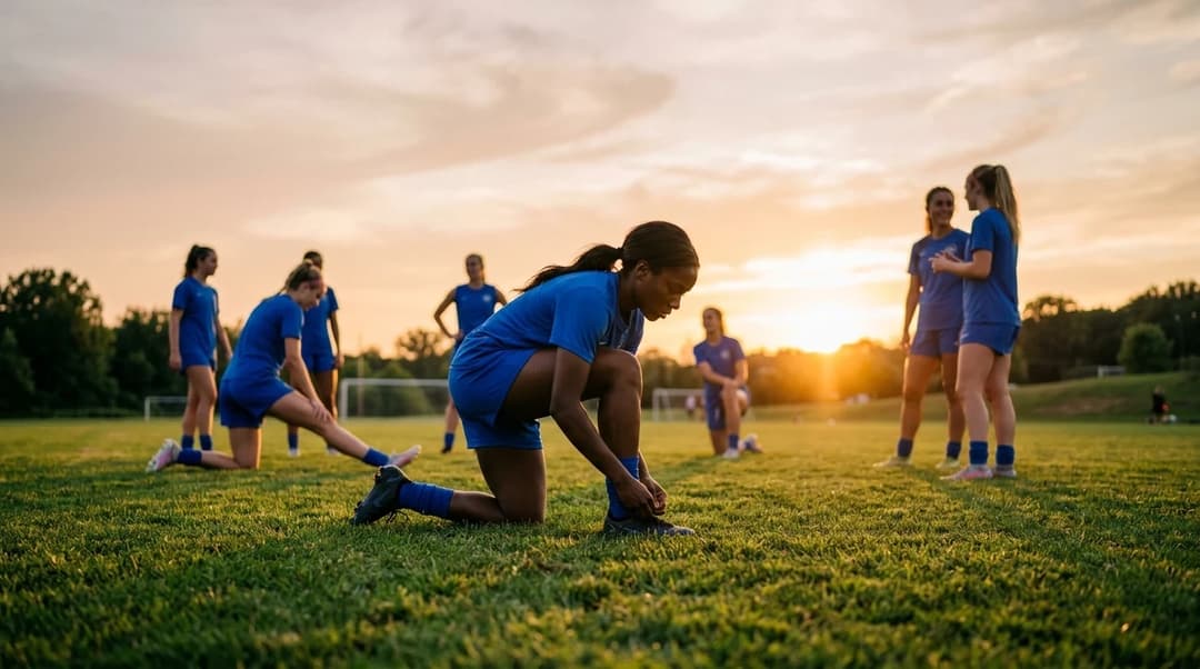 A Boston Legacy player adjusts her cleats during a quiet moment in training before a match.
