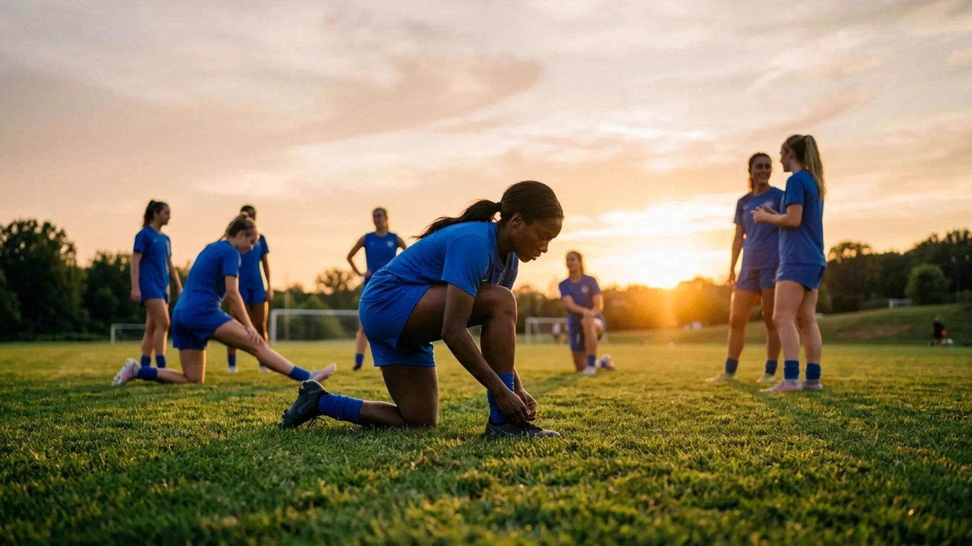 A Boston Legacy player adjusts her cleats during a quiet moment in training before a match.