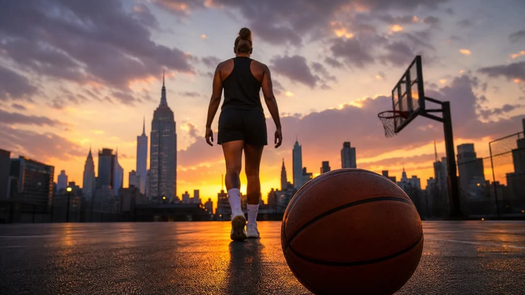 A female basketball player walks away from the court, with a basketball in the foreground and New York City skyline in the background at dusk.