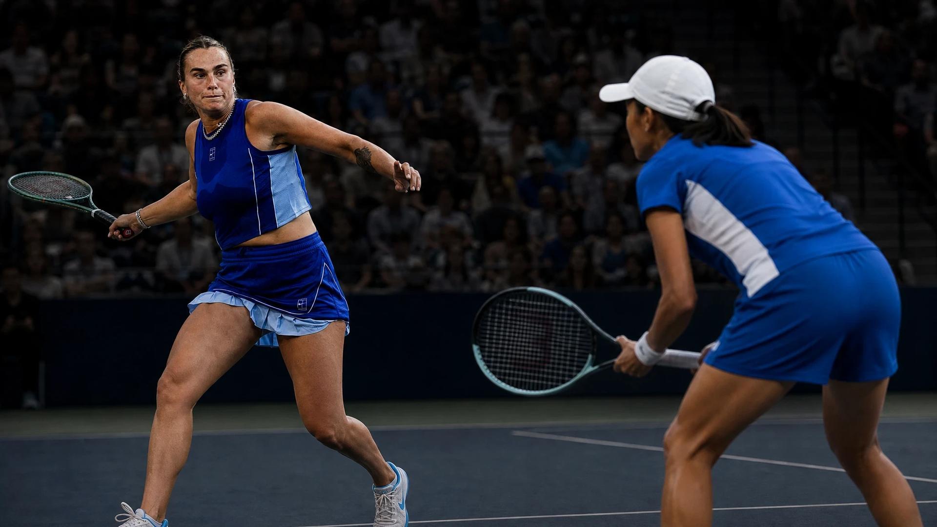 Aryna Sabalenka and Zhang Shuai in a tense moment before serving during a match.