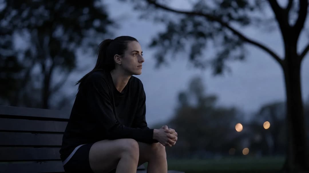 Caitlin Clark sits on a bench in a park during dusk, deep in thought, surrounded by blurred trees.