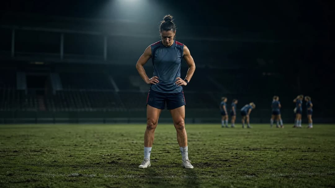 A female footballer stands in a spotlight on an empty pitch, deep in thought.