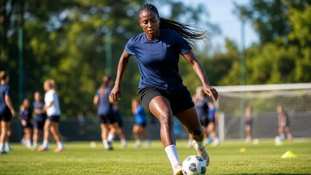 A young female football player dribbling a ball on a sunlit training pitch.