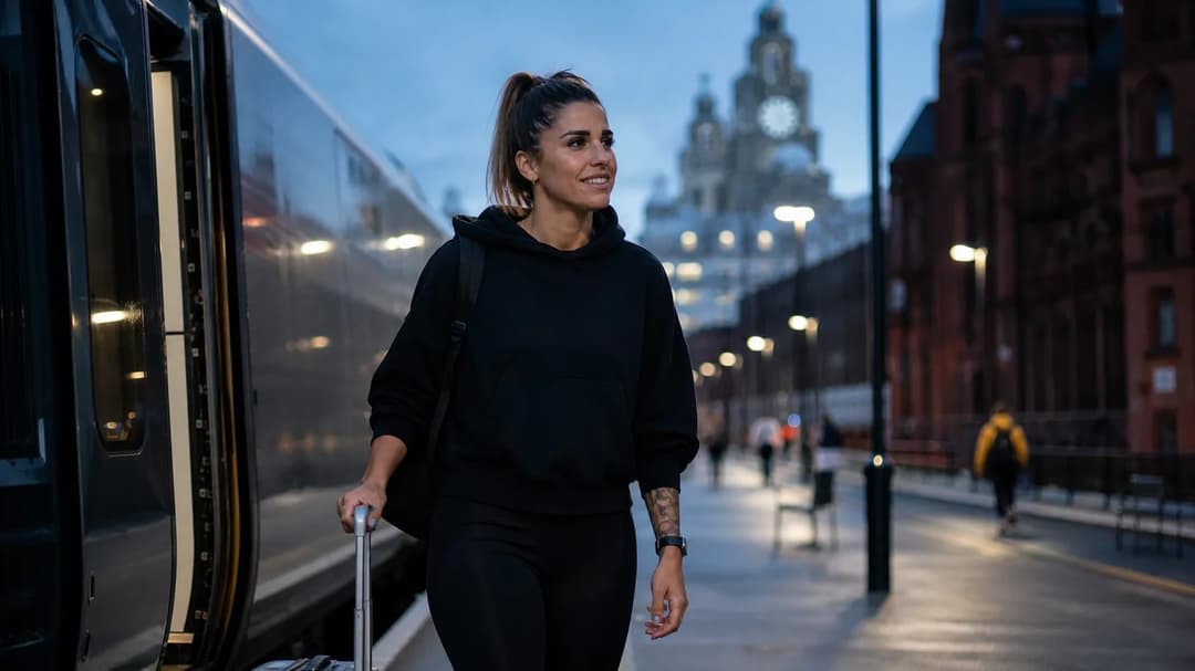 Natalia Ramos arriving at a train station in Liverpool with a suitcase, under a dusky blue sky.