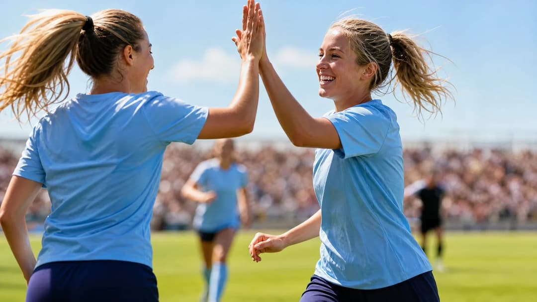 Linda Ullmark celebrating with a teammate on the soccer field after scoring a goal.