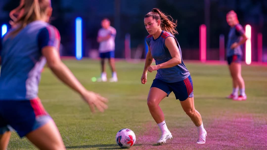 Lena Oberdorf training with a teammate at FC Bayern Munich, dribbling a football.
