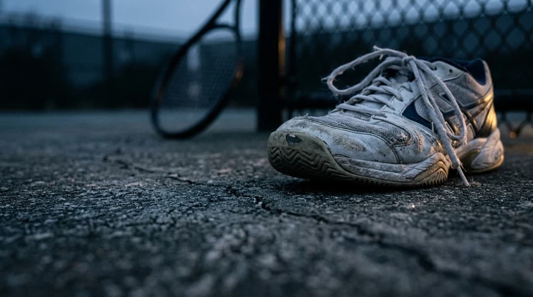 A close-up view of a worn tennis shoe on a hard court, symbolizing a player's struggles.